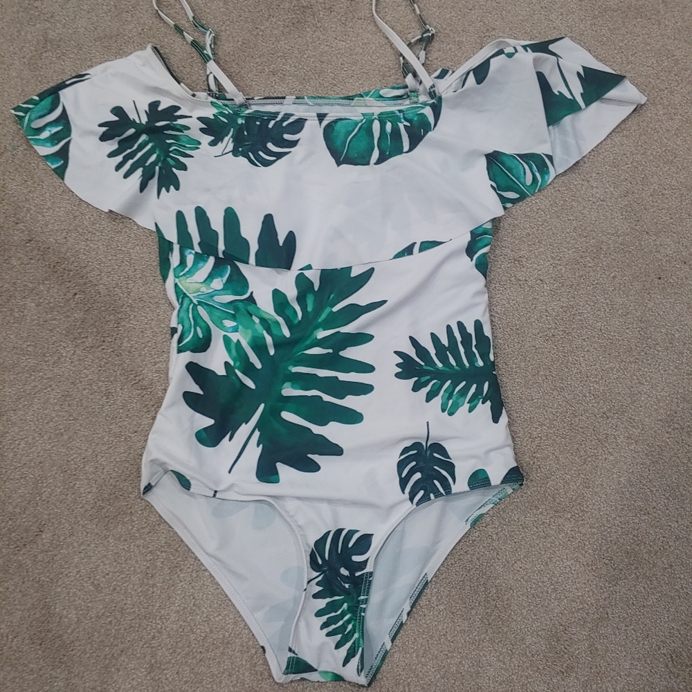 One piece white leaf print